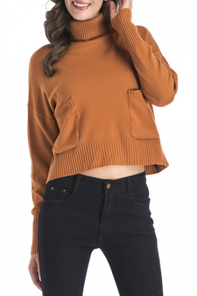 Simple Plain Long Sleeve Turtleneck Pullover Sweater with Pocket