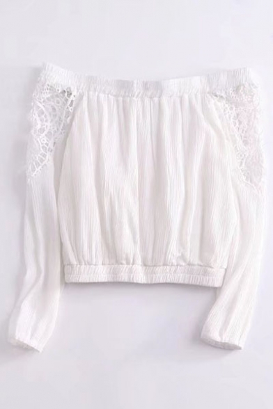 Simple Plain Off Shoulder Long Sleeve Crochet Cropped Blouse