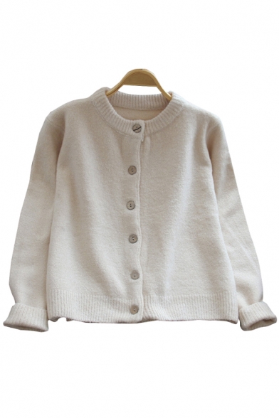 Simple Plain Round Neck Long Sleeves Button Down Ribbed Knitted Cardigan