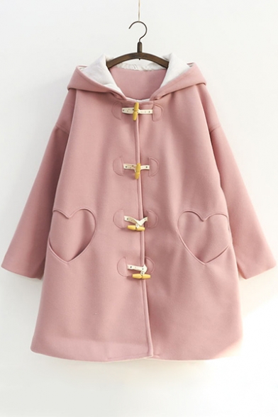 Simple Plain Toggle Long Sleeve Heart Shape Pocked Tunic Hooded Coat