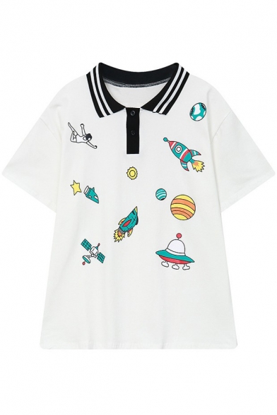Sportive Polo Striped Collar Spacecrafts Pattern Double-Buttons Short Sleeves Tee