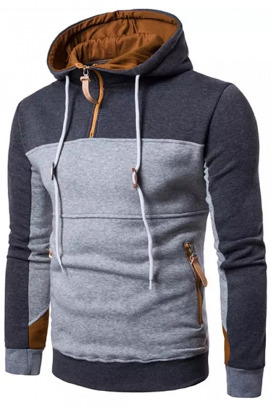 Stylish Color Block Long Sleeves Pullover Hoodie with Zipped-Pockets & Zipper
