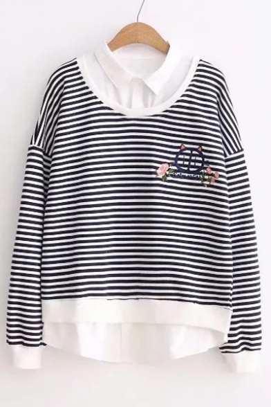 Stylish Stripe Lapel Long Sleeve Embroidery Detail Paneled Pullover Sweatshirt