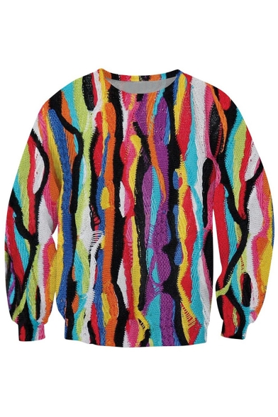 Stylish Striped Oil-Painting Printed Round Neck Long Sleeves Pullover Sweatshirt
