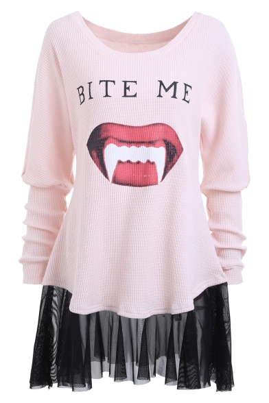 Stylish Teeth Mouth Letter Printed Round Neck Mesh Patchwork Hem Mini Sweatshirt Dress