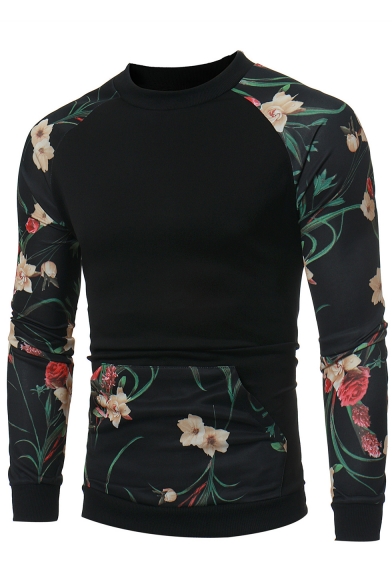 Trendy Floral Printed Color Block Round Neck Long Sleeves Pullover Sweatshirt with Pocket