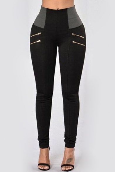 Trendy High Waist Color Block Skinny Pants with Zippers