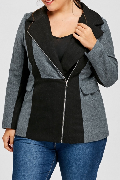 Trendy Notched Lapel Zippered Color Block Long Sleeve Oversize Blazer