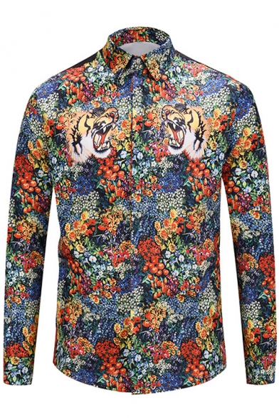 Trendy Tiger Floral Printed Point Collar Long Sleeves Button Down Shirt