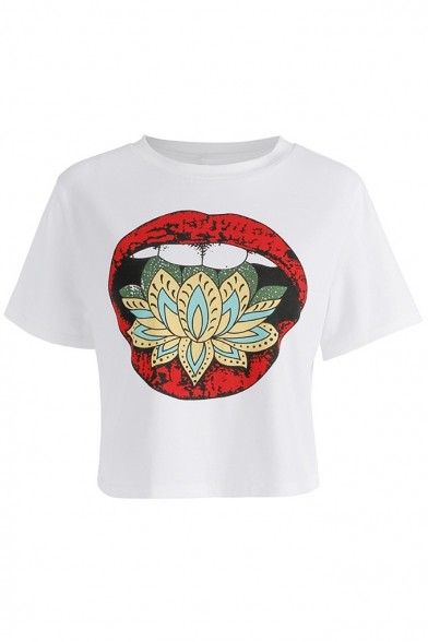 Unique Mouth Tropical Floral Pattern Short Sleeves Round Neck Cropped T-shirt