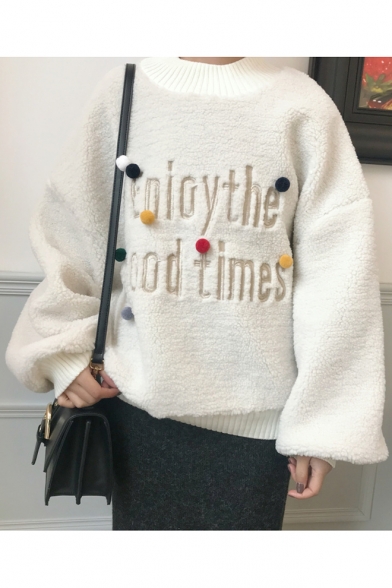 

Winter Collection Letter Pattern Crew Neck Long Sleeves Loose Over-Sized Pullover Sweater with Pompoms, White;yellow, LC458585