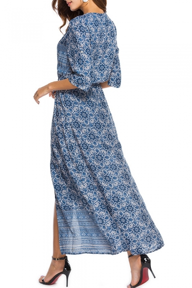 Bohemian Style Print V-Neck Half Sleeve Split Side Button Beach Dress