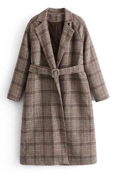 British Style Notched Lapel Long Sleeves Tartan Plaids Belted Longline Woolen Quilted Coat