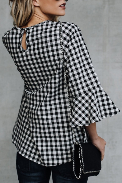Chic Plaid Round Nck Flared Long Sleeve Pullover Blouse