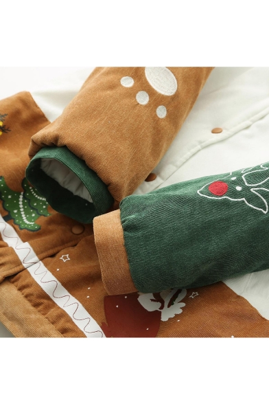 Childish Christmas Tree Angel Reindeer Printed Long Sleeves Button Down Hooded Padded Coat
