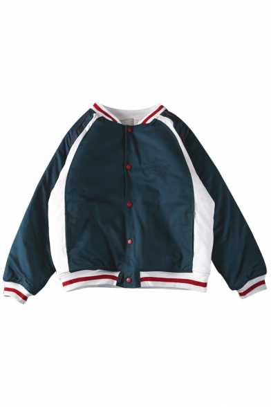 Color Block Letter Embroidered Stand-Up Collar Long Sleeve Baseball Jacket
