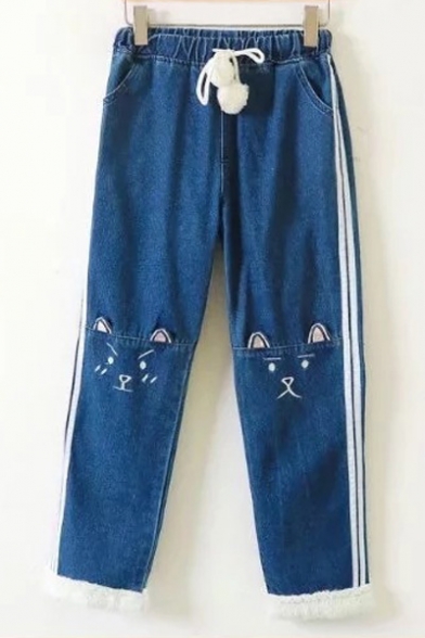 Cute Cat Cartoon Striped Pattern Elastic Waist Wide Leg Fur Trimmed Jeans with Pompoms
