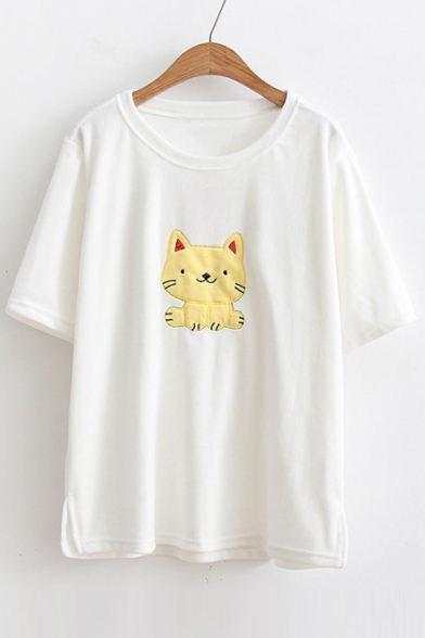 Cute Cat Pattern Round Neck Short Sleeve Split Hem T-shirt