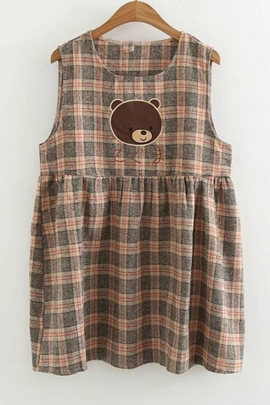 Cute Tartan Plaids Bear Embroidery Sleeveless Round Neck Mini Smock Dress