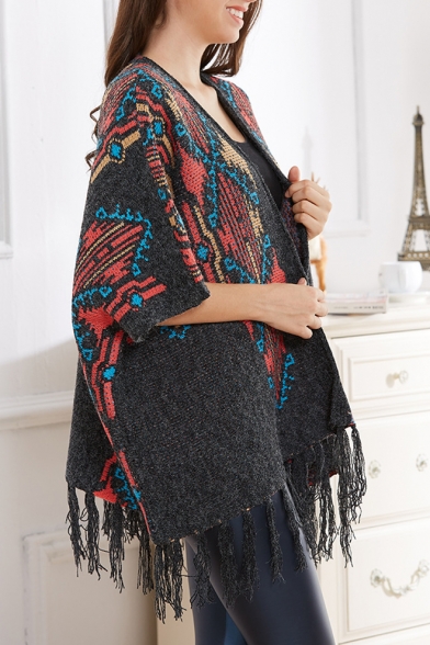 Ethic Geometric Pattern Open Front Half Sleeves Cape Cardigan Trimmed with Tassels