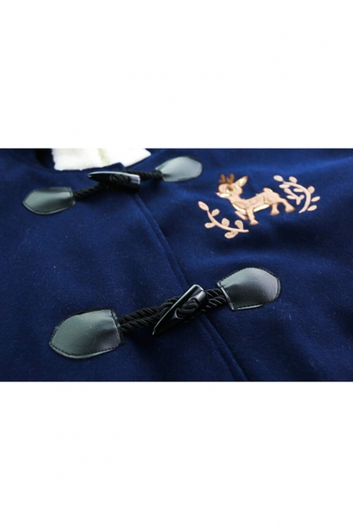 Fashion Embroidery Deer Bell Pattern Long Sleeve Hooded Coat
