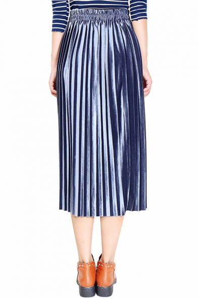 Fashion Simple Plain Pleated Midi Skirt