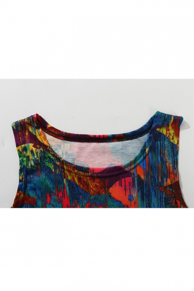 Fashionable Colorful Oil-Painting Round Neck Sleeveless Cropped Tank Top