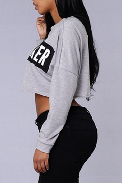 Hot Fashion Letter Pattern Round Neck Long Sleeves Pullover Cropped Tee