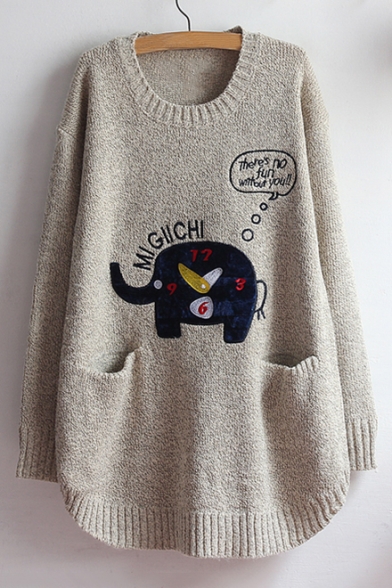 Lovely Cartoon Elephant Pattern Long Sleeve Round Neck Tunic Pullover Sweater