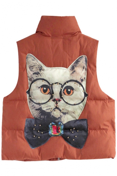Lovely Cat Patchwork Stand-Up Collar Zip Placket Padded Vest