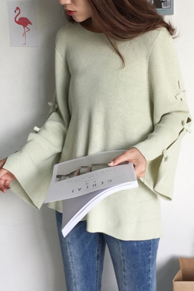Simple Plain Hollow Out Side Round Neck Long Sleeve Loose Pullover Sweater