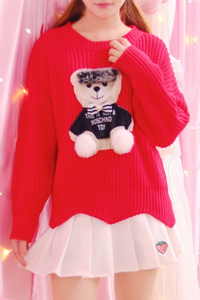 Simple Round Neck Long Sleeves Flower Hem Bear Applique Pullover Knitted Ribbed Sweater