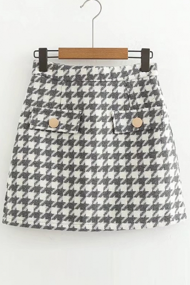 Stylish Houndstooth Pattern Mini A-line Skirt with Double Flap-Pockets