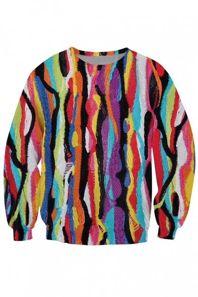 Stylish Striped Oil-Painting Printed Round Neck Long Sleeves Pullover Sweatshirt
