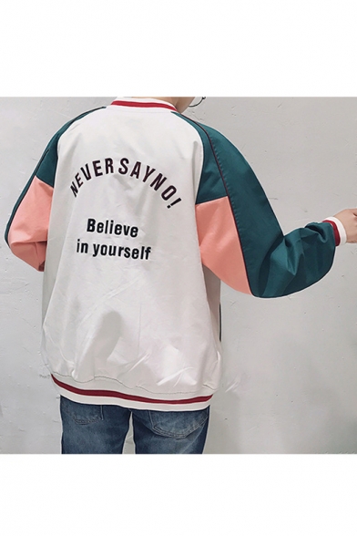 Trendy Color Block Long Sleeves Button-Down Letter Pattern Loose Baseball Jacket