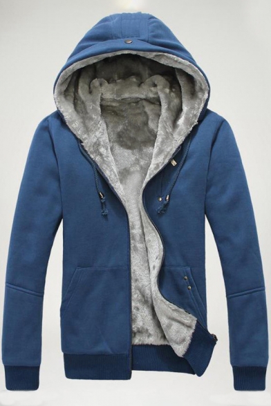 Casual Faux Fur Padded Long Sleeves Zippered Hooded Men's Coat with Pockets