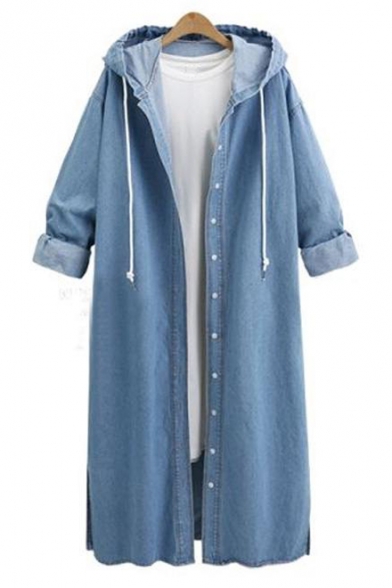 Casual Long Sleeves Button-Down Drawstring Hooded Longline Loose Denim Coat