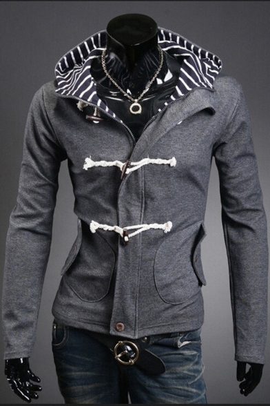 Casual Long Sleeves Striped Padded Hooded Zippered Double Buttons Jacket with Flap-Pockets