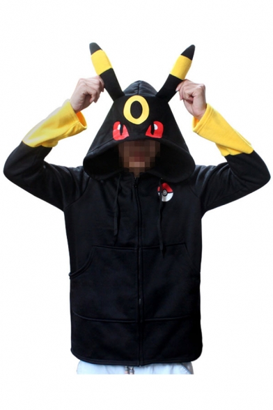 Cool Long Sleeves Contrast Cuffs Cartoon Monster Printed Ears Hoodie with Pockets & Zipper