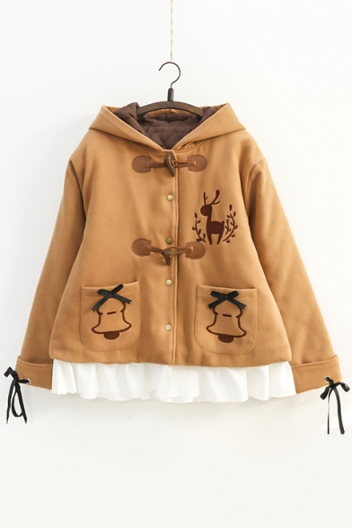 Cute Deer Embroidered Long Sleeve Buttons Down Hooded Woolen Coat