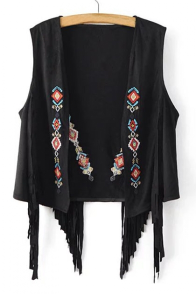 Ethic Geometric Embroidered Open Front Sleeveless Tasseled Casual Women's Vest