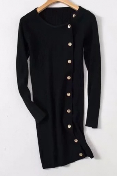 Fashion Button Side Simple Plain Long Sleeve Round Neck Slim-Fit Tunic Sweater