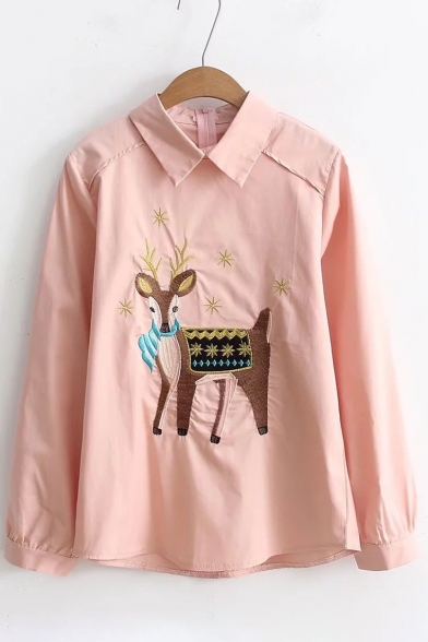 Lovely Deer Embroidered Long Sleeve Lapel Zipper Blouse