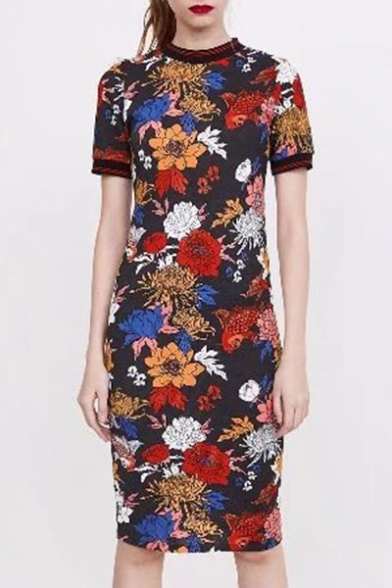 New Stylish Floral Print Short Sleeve Round Neck Dress