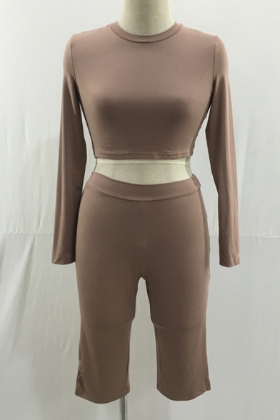 Sexy Slim-Fit Round Neck Long Sleeve Plain Cropped Tee Top with Skinny Cropped Pants