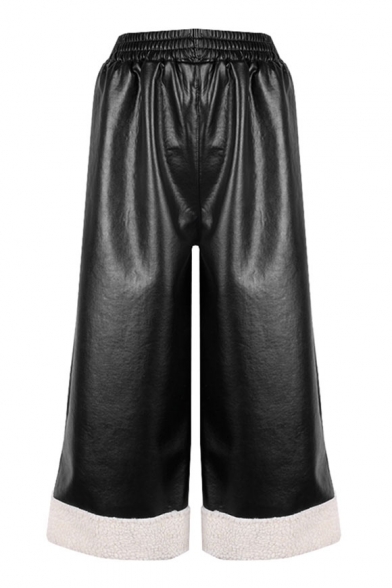 Simple Contrast Trimmed Elastic Waist Wide Legs Cropped Leather Pants