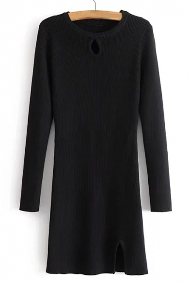 Simple Cutout Detail Round Neck Long Sleeves Split Hem Bodycon Mini Sweater Dress