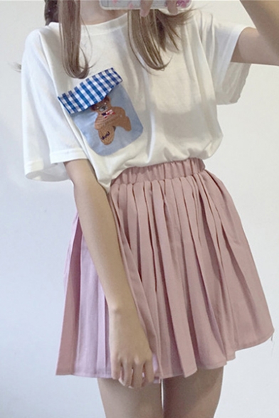 Simple Plain Elastic Waist Pleated Mini Skirt