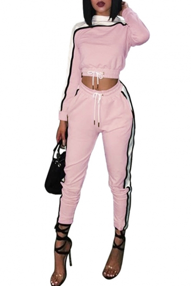 Stylish Contrast Neck Drawstring Waist Cropped Sweatshirt with Elastic Waist Color Block Fit Joggers