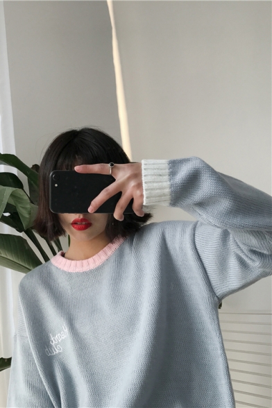 Stylish Letter Pattern Long Sleeve Contrast Neck Trim Pullover Sweater